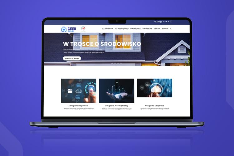 Widok strony internetowej Centralnej Ewidencji Emisyjności Budynków (CEEB) GUNB wyświetlonej na ekranie laptopa.